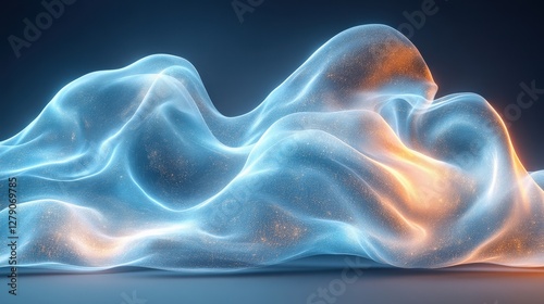 Ethereal glowing waves of translucent fabric undulating in a serene digital landscape