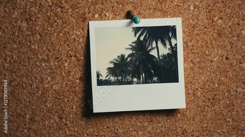 Polaroid Photo Pinned to Textured Corkboard with Tropical Palm Trees Image Travel and Memory Capture