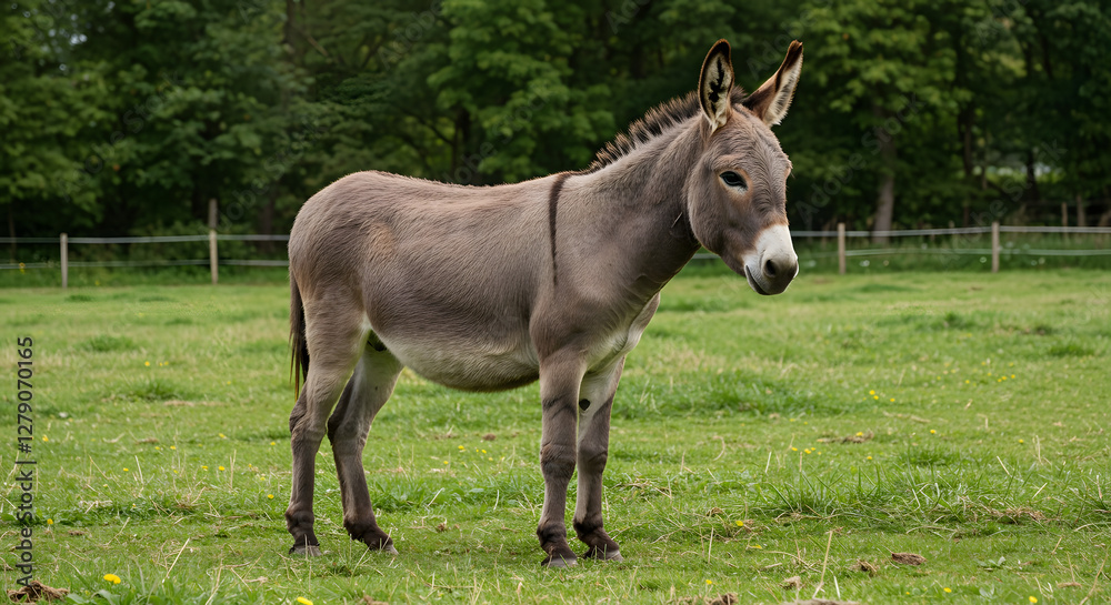 Peaceful gray donkey grazing in a lush green meadow during daytime Peaceful gray donkey grazing in a lush green meadow during daytime