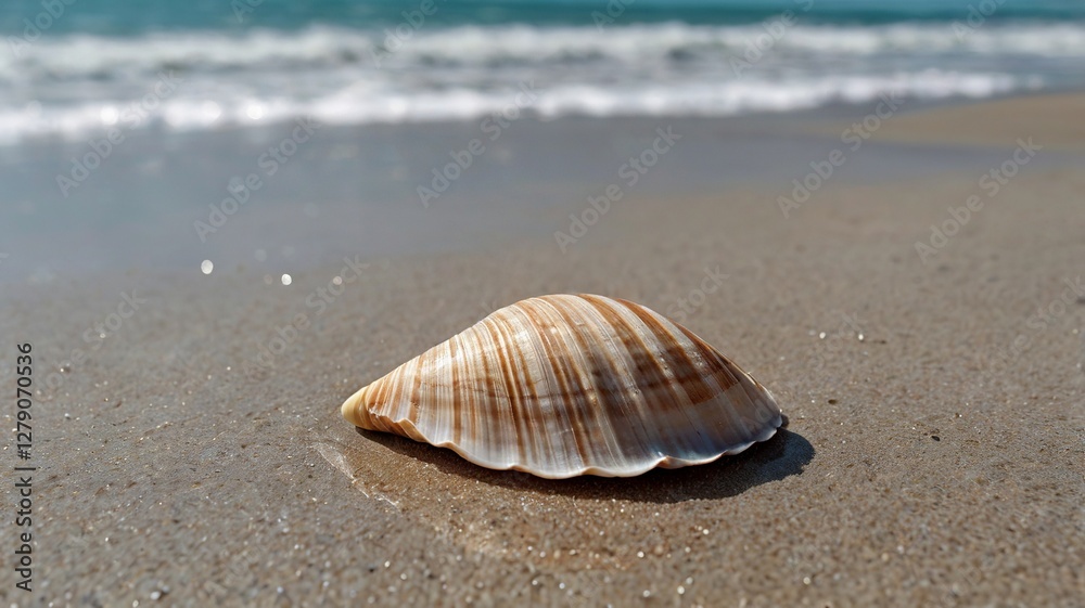 Solitary Seashell Resting on Wet Sand Against Turquoise Sea Water Minimalist Beach Scene Solitary Seashell Resting on Wet Sand Against Turquoise Sea Water Minimalist Beach Scene