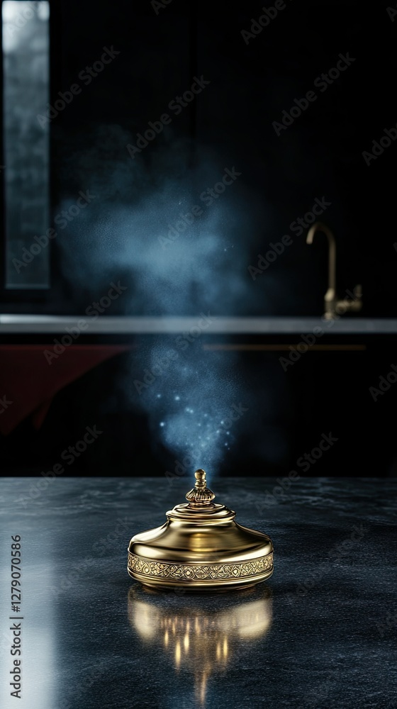 Smoke swirling from a decorative incense burner placed on a dark marble countertop in a modern kitchen Smoke swirling from a decorative incense burner placed on a dark marble countertop in a modern kitchen