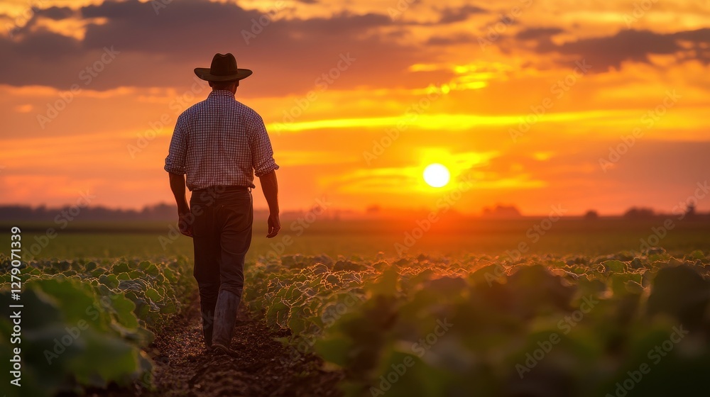 Farmer Walking Through Crop Field at Sunset with Vibrant Sky Farmer Walking Through Crop Field at Sunset with Vibrant Sky