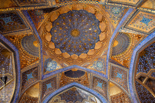 detail of colourful ceiling of Aksaray Mausoleum in Samarkand, Uzbekistan photo