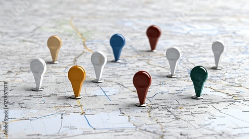 Markers indicating various locations on a detailed map with overlapping routes and roads during daylight hours in a city or urban area