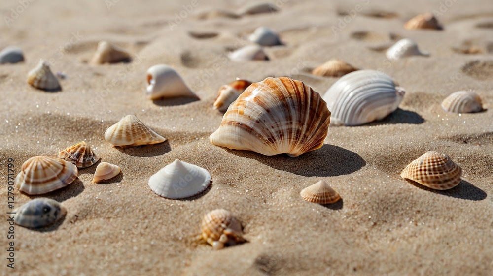 Diverse Seashell Collection Washed Ashore on Warm Sandy Beach Under Bright Sunlight with Natural Textures Diverse Seashell Collection Washed Ashore on Warm Sandy Beach Under Bright Sunlight with Natural Textures
