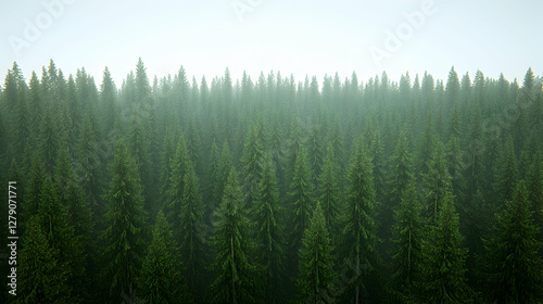 Misty forest aerial view, evergreen trees, nature background, landscape photography