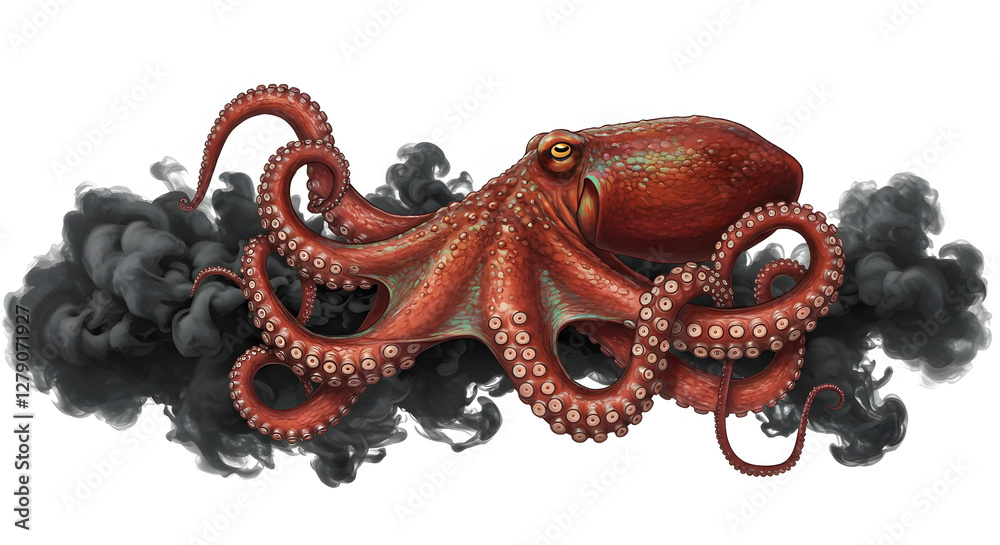 Obraz premium Scarlet cephalopod waltzes from darkness, enigmatic sea encounter fantasy