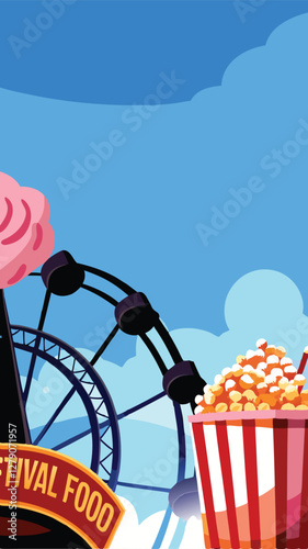 Design a vibrant vector banner showcasing fluffy pink cotton candy at a lively food festival.  Include diverse festival food items.