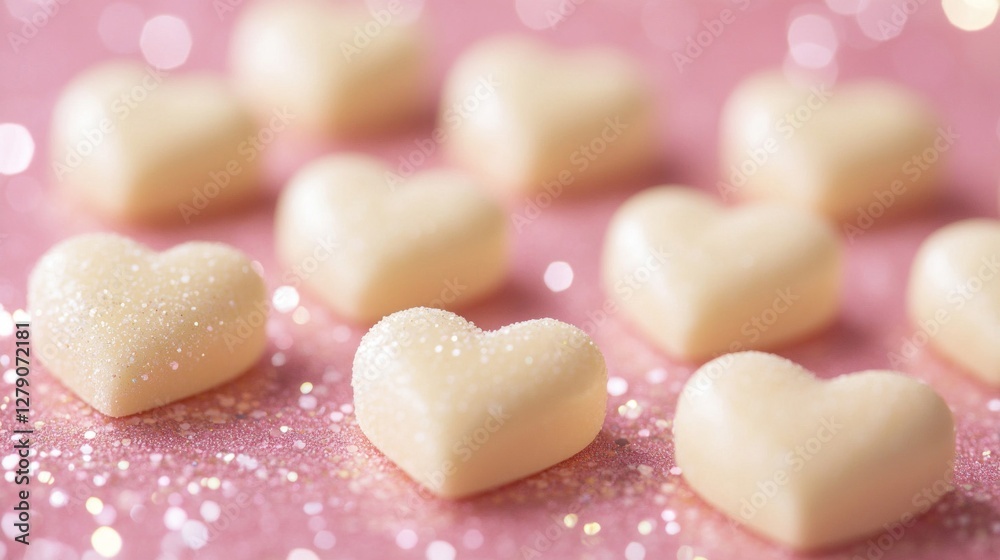 Fototapeta premium Close-up of heart-shaped candies on pink glitter