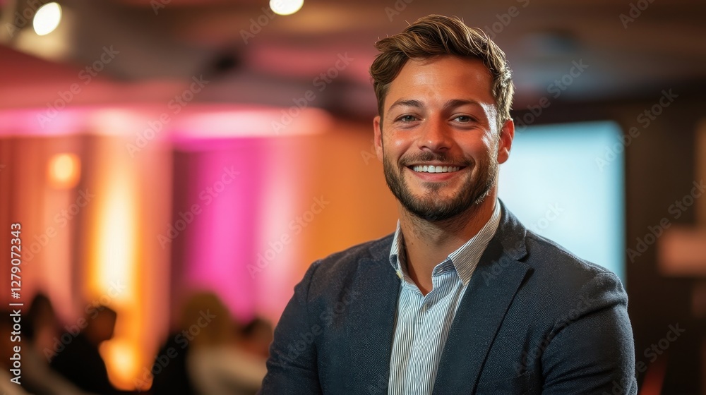 Fototapeta premium Friendly Businessman Smiling at Networking Event in Modern Setting