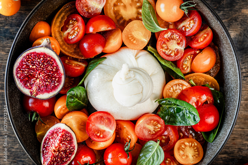 Delicious burrata cheese with fresh tomatoes, spinach, figs and olive oil. Delicious burrata cheese with fresh tomatoes, spinach, figs and olive oil.
