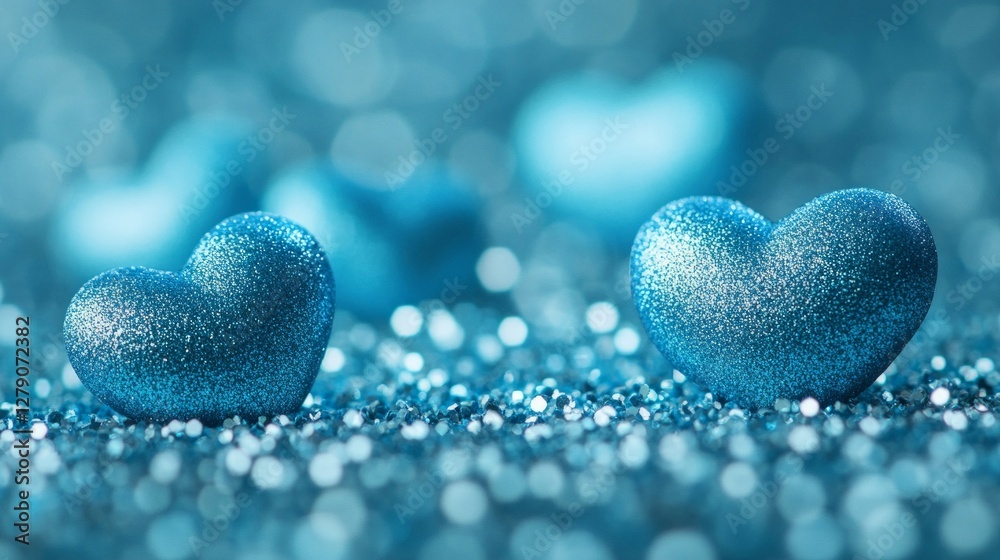 Fototapeta premium Two Sparkling Blue Hearts on Glittering Background