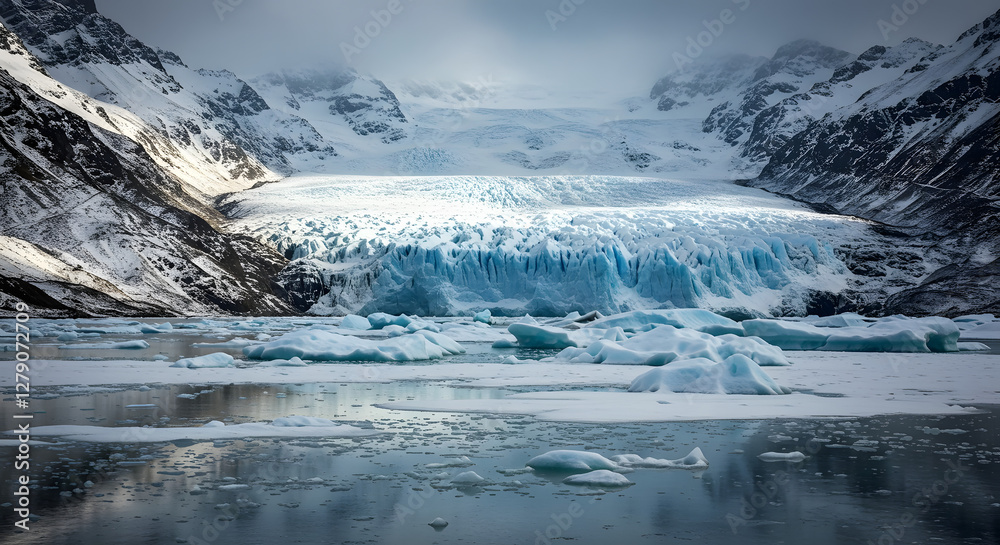 Serene icy landscape featuring snow-capped mountains and tranquil icebergs Serene icy landscape featuring snow-capped mountains and tranquil icebergs