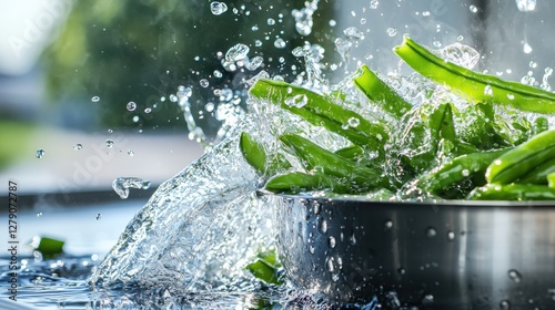 Action shot of blanching green beans in boiling water bright kitchen light high-speed photography culinary environment