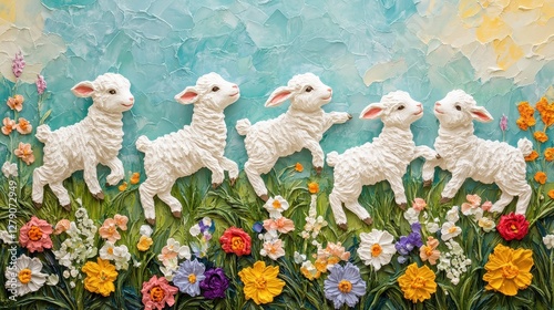 Playful Baby Lambs Frolicking in a Colorful Flower Garden Scene photo