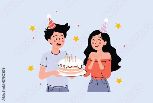 Happy birthday celebration illustration featuring a cheerful couple with a cake, candles, and festive decorations. Cute and joyful party scene, perfect for greeting cards, invitations, and designs.