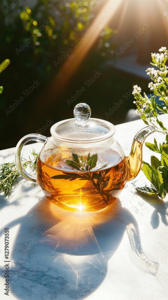 Rejuvenating herbal infusion in a serene garden teapot under soft afternoon light overhead angle realistic atmosphere Rejuvenating herbal infusion in a serene garden teapot under soft afternoon light overhead angle realistic atmosphere