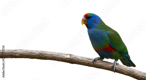 Striking blue-faced lorikeet displaying vibrant plumage on branch with backdrop