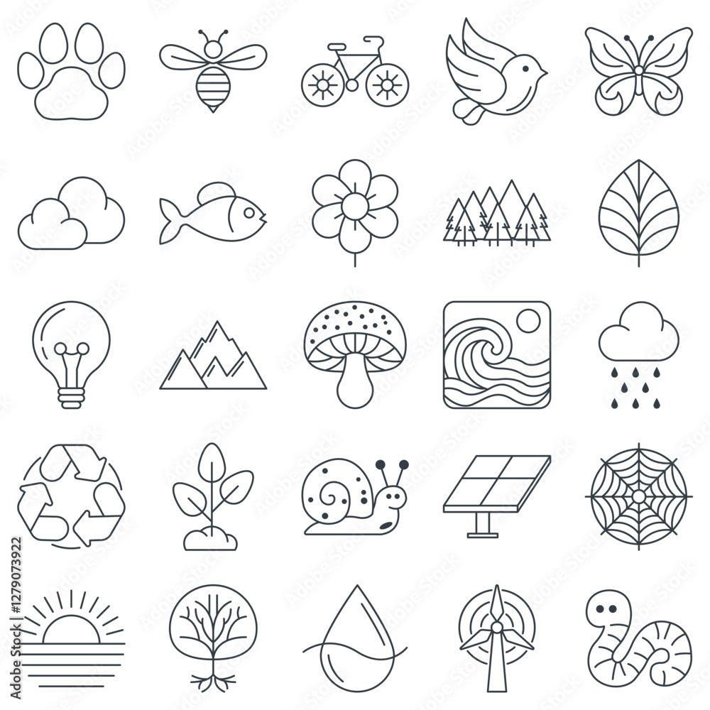 Obraz premium Ecology icons set, Included icons as Bee, Sun, Water Drop, Leaf and more symbols collection, logo isolated vector illustration