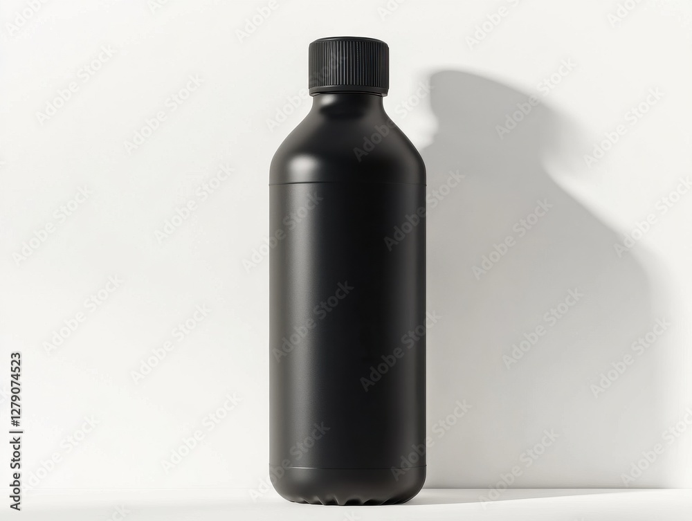 sports bottle mockup. Black plastic bottle with a screw cap, isolated against a light background, casting a subtle shadow. sports bottle mockup. Black plastic bottle with a screw cap, isolated against a light background, casting a subtle shadow.