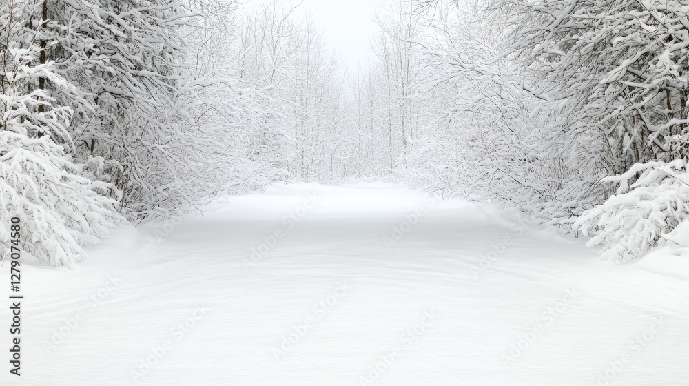 Obraz premium Snow-covered path winds through a quiet winter forest under overcast daytime skies.