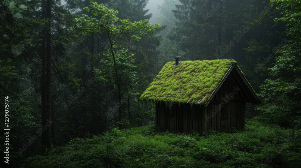 serene wooden hut with moss covered roof in lush forest serene wooden hut with moss covered roof in lush forest