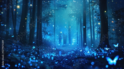 Enchanted Forest Path Night, glowing butterflies, figures, fantasy