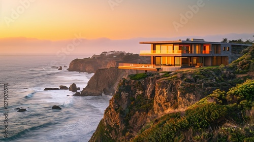 Stunning modern home perched on coastal cliffs at sunset, showcasing sleek architecture and breathtaking ocean views.