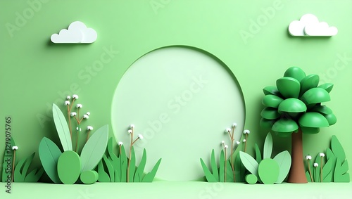 Nature-inspired paper-cut illustration with a green background, central circular cutout, stylized plants, white flowers, a simple tree, and fluffy clouds for a serene feel.