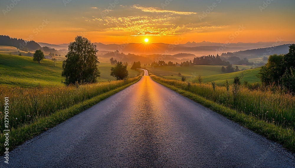 Fototapeta premium Sunrise road, hills, valley, peaceful