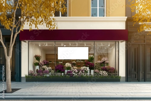 Elegant florist boutique storefront backdrop with autumn accents, mockup template.