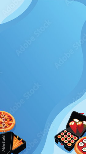 Design a vibrant vector banner showcasing multiple pizza boxes for online food delivery service advertisement.  Include appetizing pizza illustrations.