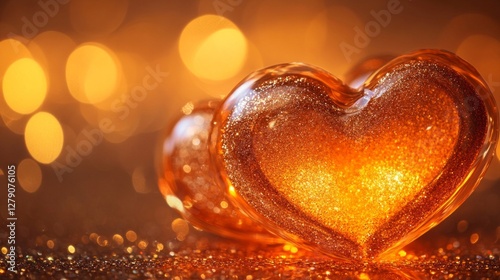 Two sparkling golden hearts on glittering background