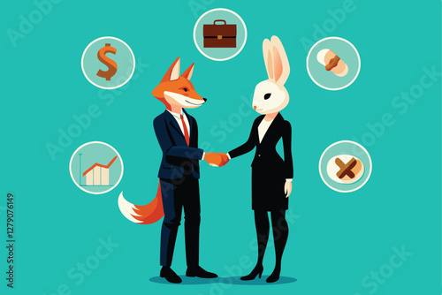 A shrewd fox and a timid rabbit formally shake hands, sealing a business deal; whimsical illustration.
