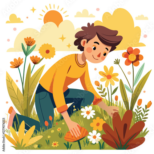 A joyful person, vibrant clothing, happily picking a bouquet of diverse wildflowers in a sun-drenched meadow;  long grass, blue sky.