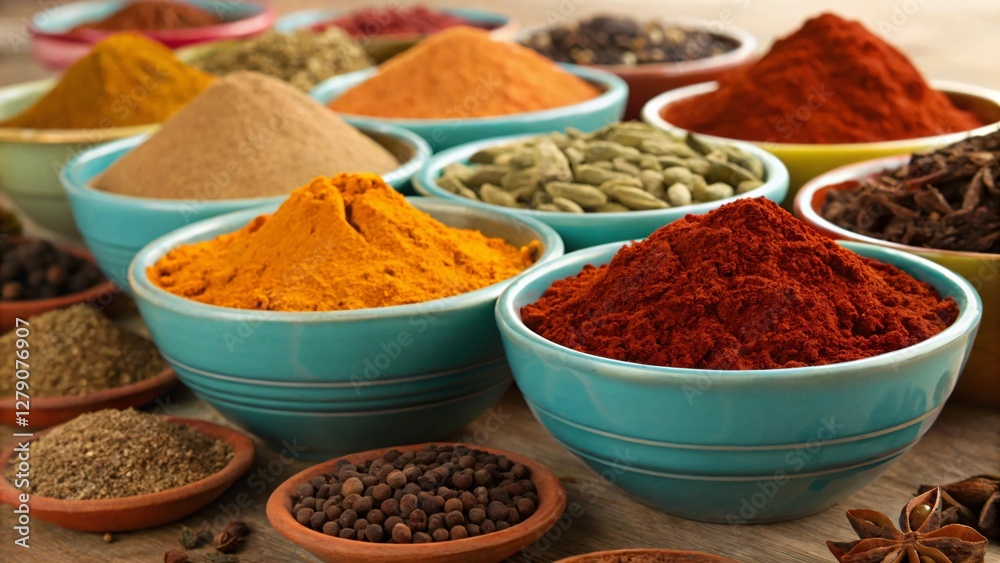 Colorful Spices in Bowls with Vibrant Textures and Aromatic Blends on Wooden Surface Colorful Spices in Bowls with Vibrant Textures and Aromatic Blends on Wooden Surface