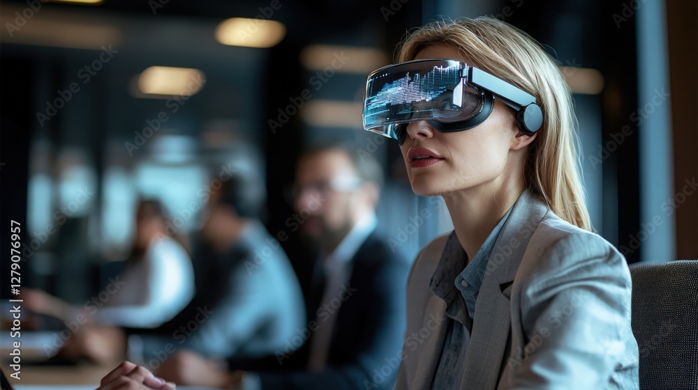 A futuristic business meeting where professionals use augmented reality glasses to interact with virtual data, symbolizing innovation, technology, and modern collaboration. Perfect for tech ads A futuristic business meeting where professionals use augmented reality glasses to interact with virtual data, symbolizing innovation, technology, and modern collaboration. Perfect for tech ads