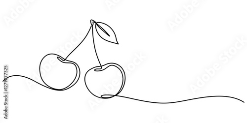 Cherry minimalistic design. Hand drawn sketch, Cherry outline icon. Continuous one line drawing. Vector illustration isolated on white background, Red cherry fruit illustration with continuous line. 
