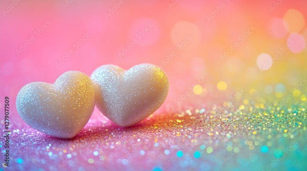 Obraz premium Two White Sparkling Hearts on Pastel Glitter Background