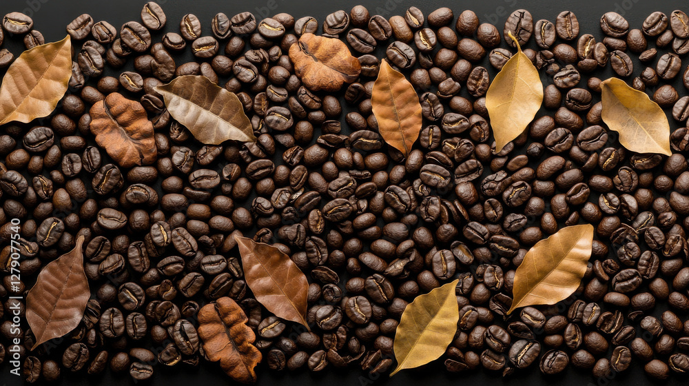 Rich coffee beans and dried leaves create warm, earthy scene Rich coffee beans and dried leaves create warm, earthy scene