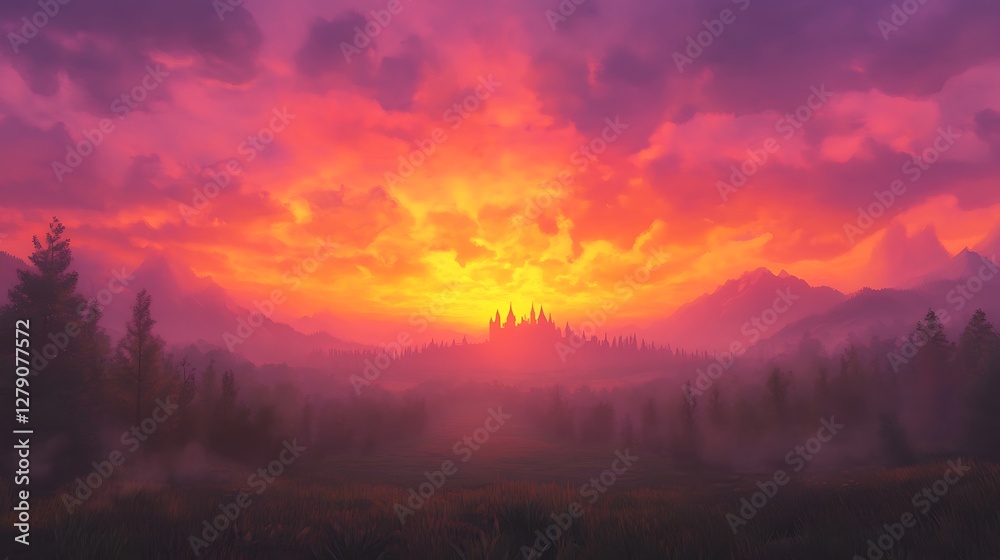 Fototapeta premium A vibrant anime-style sunset over a fantasy castle, perfect for imaginative and artistic visuals.