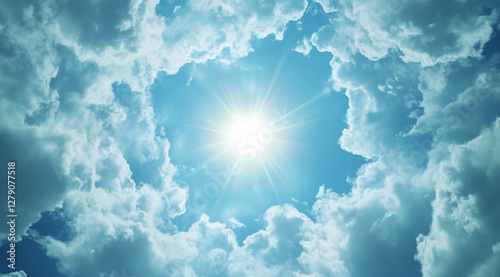 Blue sky with white clouds and the sun shining through the center