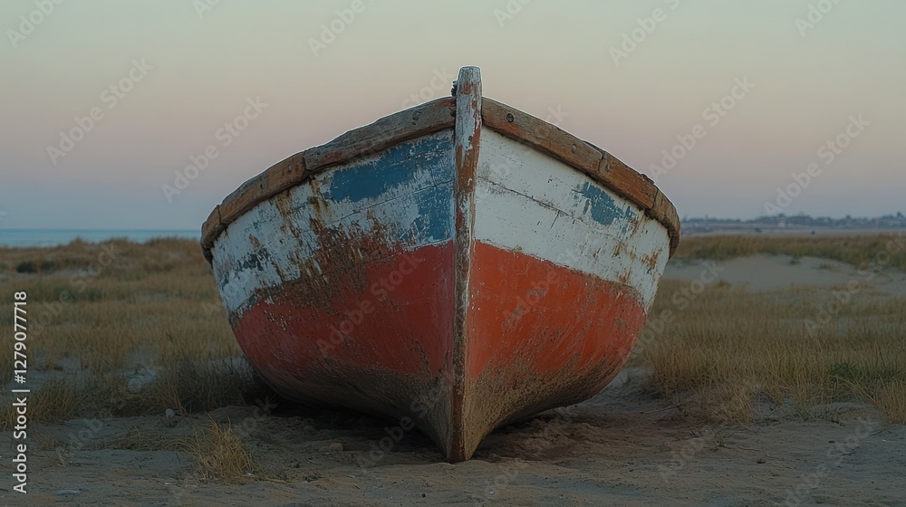 A solitary boat rests on golden sand amidst a vast field, showcasing a tranquil scene where nature and manmade structures coexist harmoniously. A solitary boat rests on golden sand amidst a vast field, showcasing a tranquil scene where nature and manmade structures coexist harmoniously.