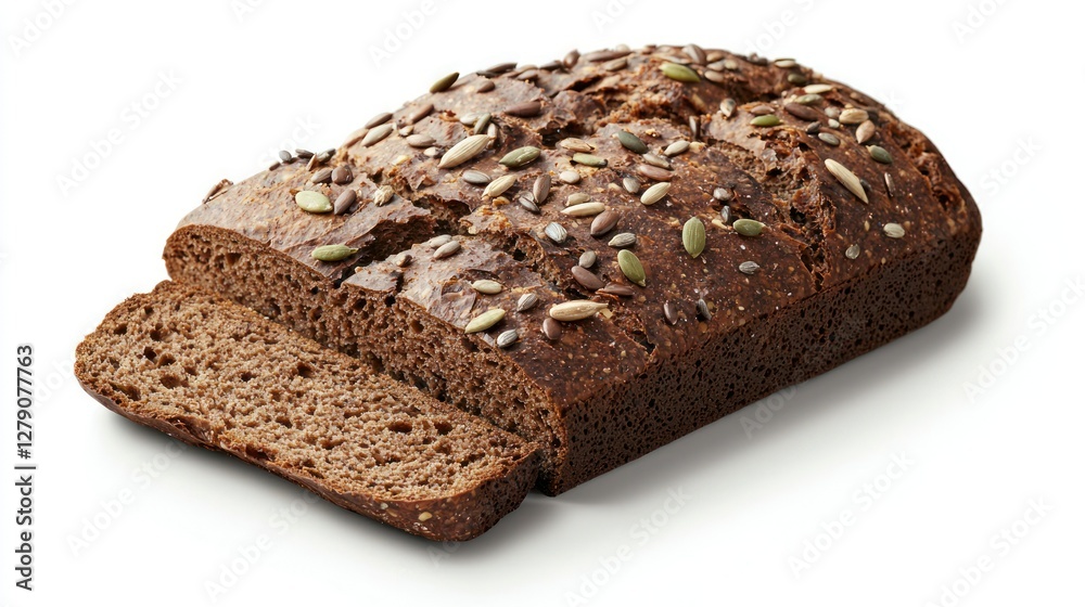 A thick, hearty loaf of rye bread with seeds scattered on top, sliced open to reveal its dense texture. A thick, hearty loaf of rye bread with seeds scattered on top, sliced open to reveal its dense texture.