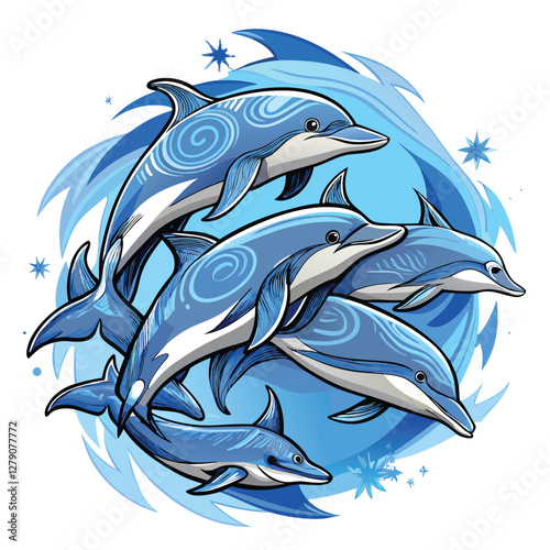 A pod of dolphins swimming in perfect synchronized formation, depicted in a detailed ink drawing style, showcasing their sleek bodies and graceful movements.