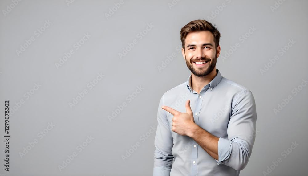 A smiling guy pointing left in a casual studio setting A smiling guy pointing left in a casual studio setting