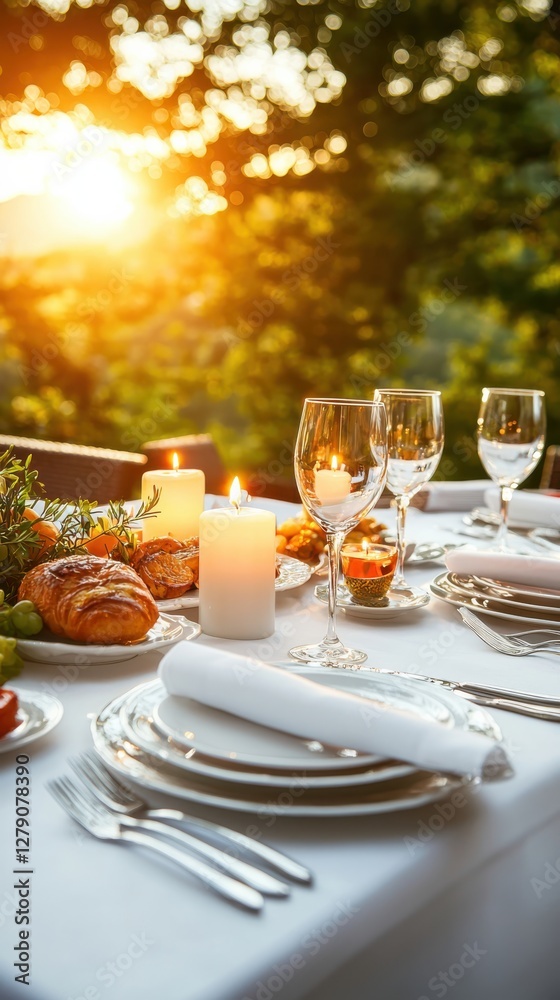 Elegant dining table setting in warm evening light fine china and candles outdoor atmosphere eye-level viewpoint realistic experience Elegant dining table setting in warm evening light fine china and candles outdoor atmosphere eye-level viewpoint realistic experience