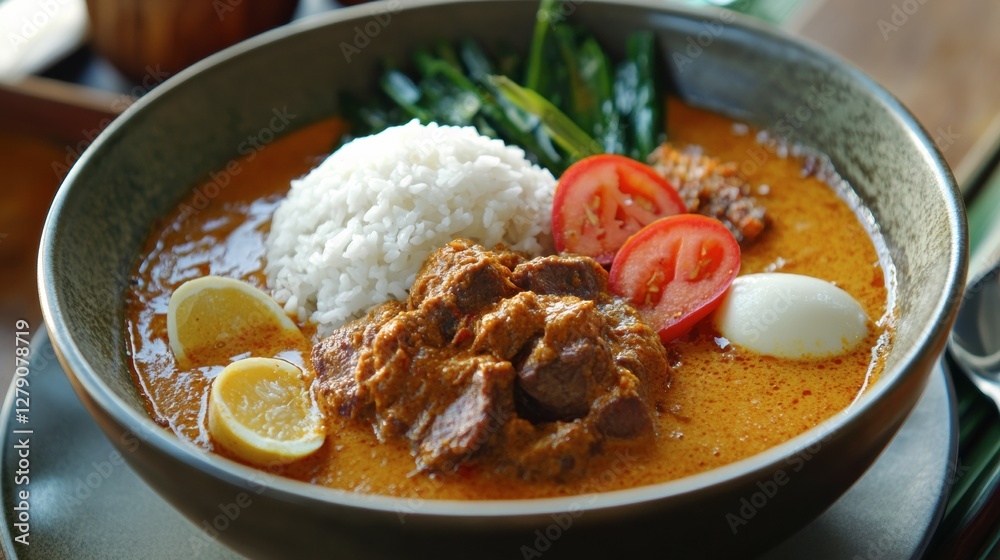 A bowl of Indonesian rendang with tender beef and rich coconut curry, styled with a rustic tropical theme A bowl of Indonesian rendang with tender beef and rich coconut curry, styled with a rustic tropical theme