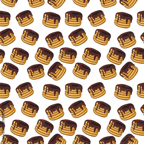 Seamless pattern with golden brown pancakes stack topped with rich, melted chocolate.