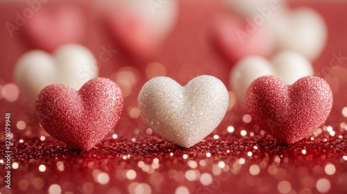Closeup of Sparkling Hearts on Glittering Background